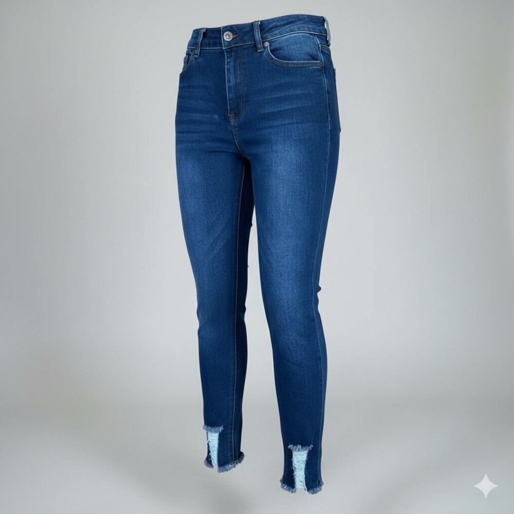 Women's High Waisted Skinny Jeans Blue Denim Frayed Raw Hem Stretch